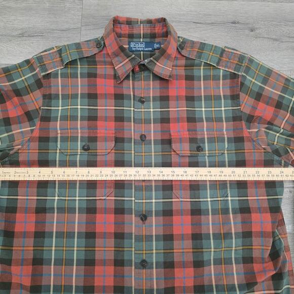 VTG Polo Ralph Lauren Plaid Shirt XL Safari Workwear Epaulets Utility Pockets - Picture 4 of 7